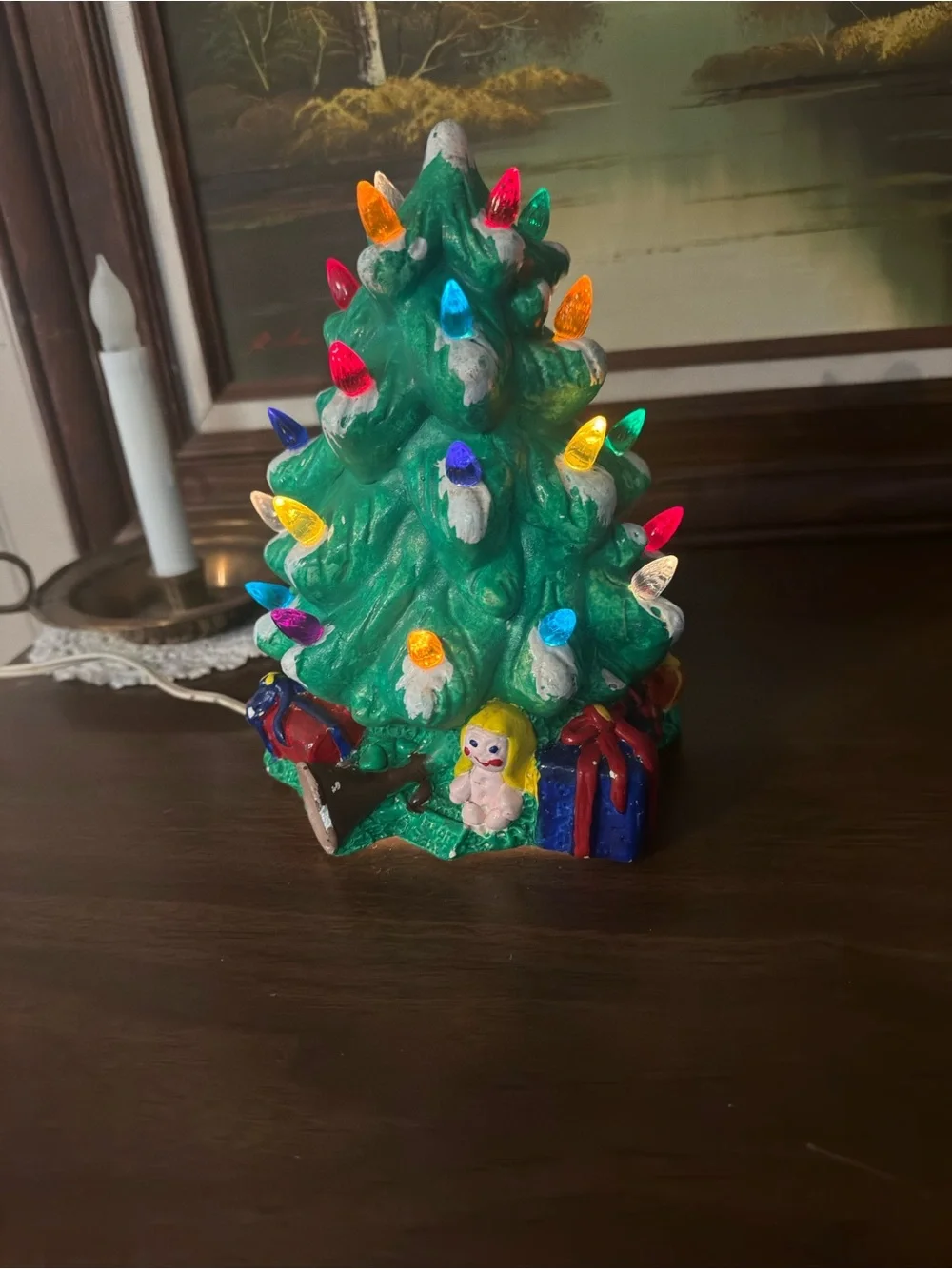 Vintage 1970s Ceramic Christmas Tree – 9” – Complete with Light & All Peg Lights
